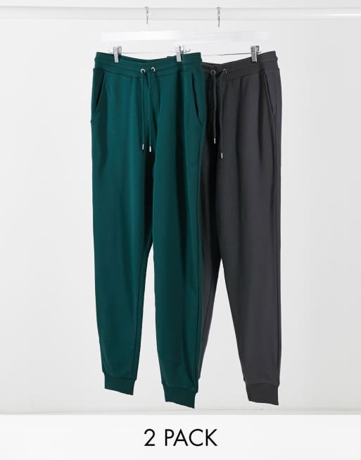 ASOS DESIGN – Zestaw 2 par zwężanych joggersów w kolorze zielonym/ spranej czerni - MULTI