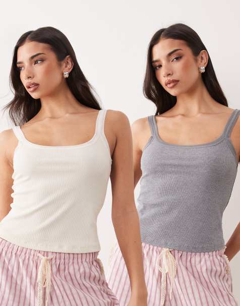 ASOS DESIGN – Zestaw 2 piżamowych topów na ramiączkach z siateczkowym wykończeniem w kolorze kremowym i szarym - view 1