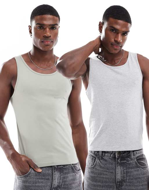 ASOS DESIGN – Zestaw 2 podkoszulków o kroju podkreślającym sylwetkę w kolorach szarym i zielonym