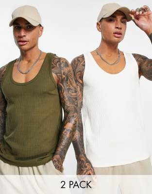 ASOS DESIGN – Zestaw 2 prążkowanych podkoszulków w kolorze białym i khaki