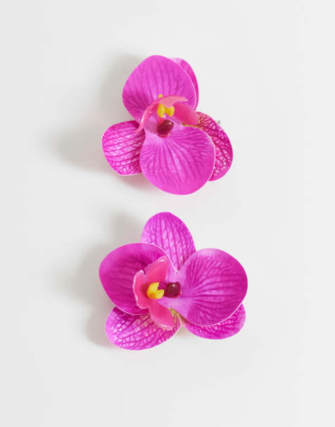 ASOS DESIGN – Zestaw 2 spinek do włosów z motywem tropikalnej orchidei w różowym kolorze - view 1