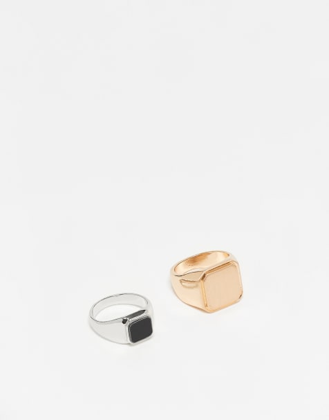 ASOS DESIGN 2 pack signet ring with black stone in silver and gold tone