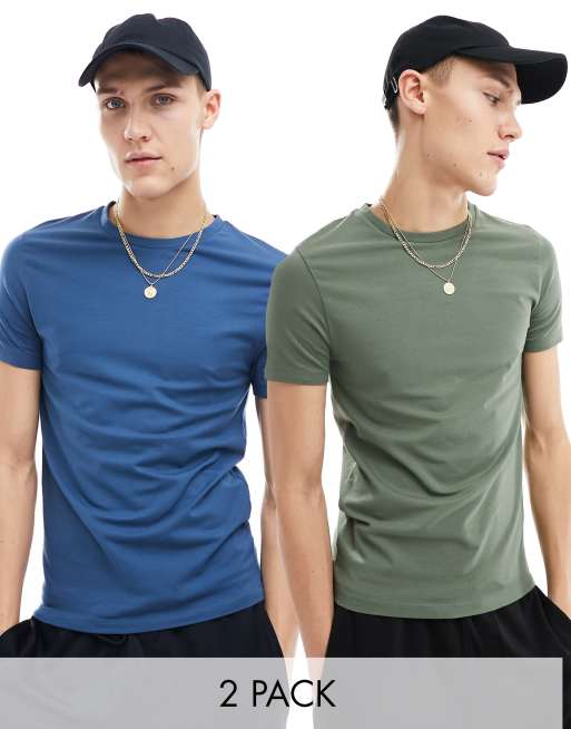 ASOS DESIGN – Zestaw 2 T-shirtów o kroju podkreślającym sylwetkę w kolorach ciemnozielonym i niebieskim
