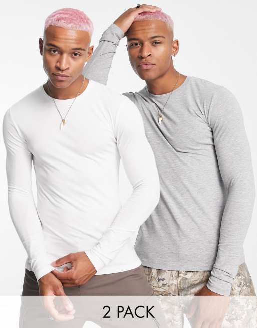 ASOS DESIGN – Zestaw 2 T-shirtów o kroju podkreślającym sylwetkę z długim rękawem i okrągłym dekoltem w kolorze białym i melanżowym szarym