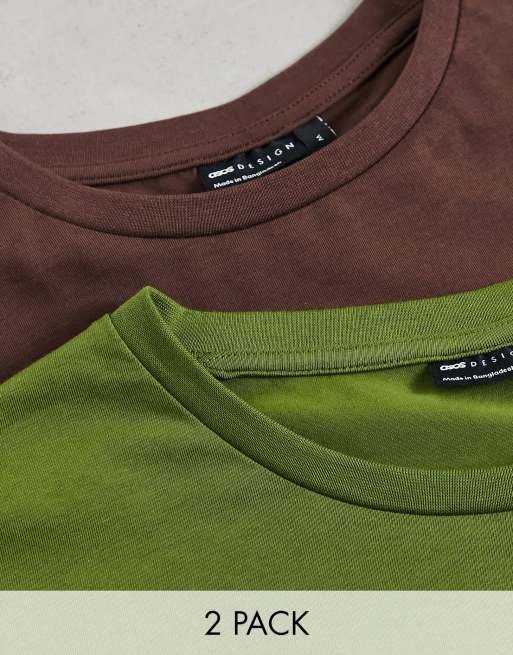 ASOS DESIGN – Zestaw 2 T-shirtów o kroju podkreślającym sylwetkę z długim rękawem w kolorze khaki i brązowym
