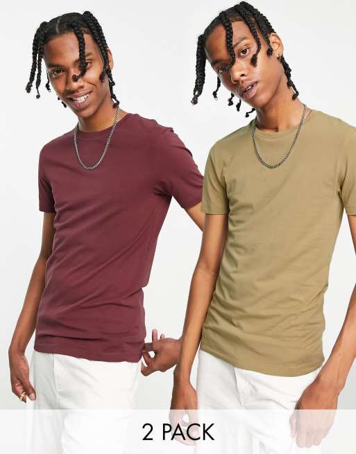 ASOS DESIGN – Zestaw 2 T-shirtów o kroju podkreślającym sylwetkę z okrągłym dekoltem w kolorach bordowym i jasnobrązowym