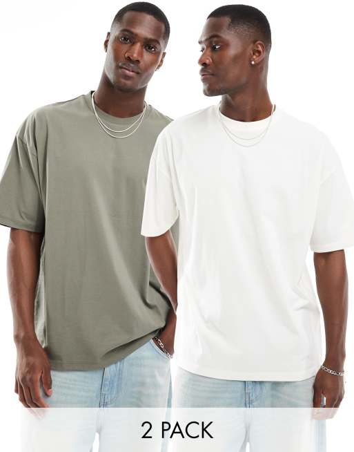 ASOS DESIGN – Zestaw 2 T-shirtów oversize w kolorach khaki i kremowym
