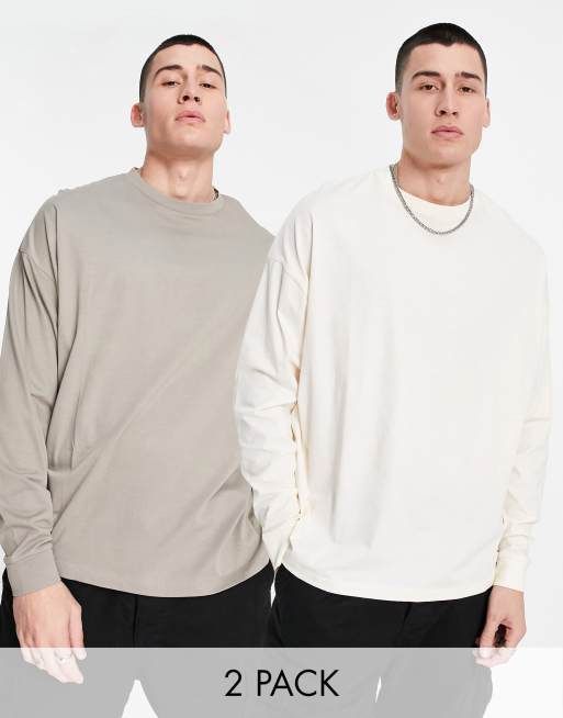ASOS DESIGN – Zestaw 2 T-shirtów oversize z długimi rękawami w kolorach ecru i beżowym