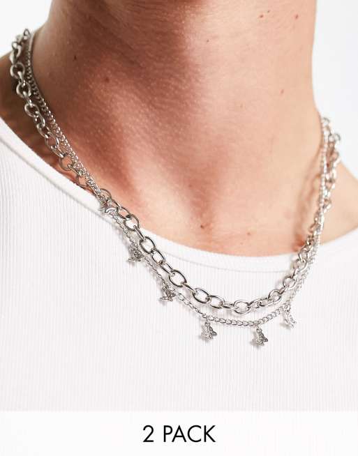 ASOS DESIGN – Zestaw 2 warstwowych naszyjników łańcuszkowych w kolorze srebra z motywem motylków