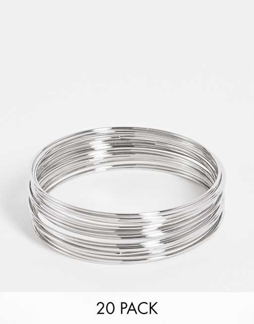 ASOS DESIGN – Zestaw 20 bransoletek bangle w odcieniu srebrnym