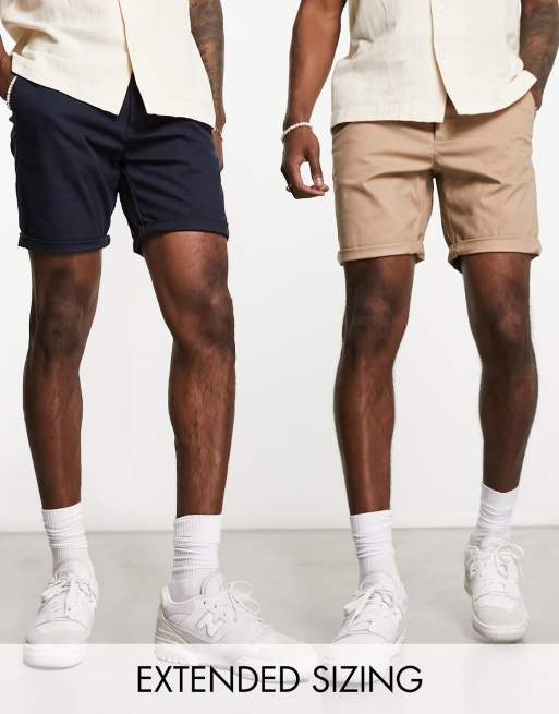 ASOS DESIGN – Zestaw 2 par dopasowanych średniej długości szortów chinosów w kolorze kamiennobeżowym i granatowym 