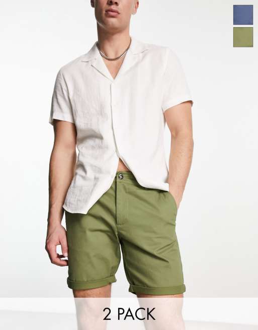 ASOS DESIGN – Zestaw 2 par dopasowanych szortów chinosów o regularnej długości z podwiniętymi nogawkami w kolorach granatowym i khaki – w zestawie taniej! 