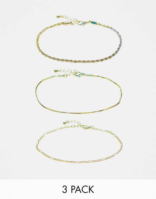 ASOS DESIGN – Zestaw 3 bransoletek łańcuszkowych na kostkę w kolorze srebra