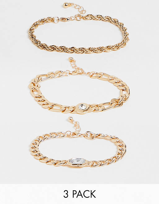 ASOS DESIGN – Zestaw 3 bransoletek łańcuszkowych w kolorze złotym, z kryształkami