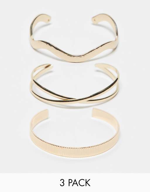 ASOS DESIGN – Zestaw 3 bransoletek mankietów w różnym stylu w odcieniu złota