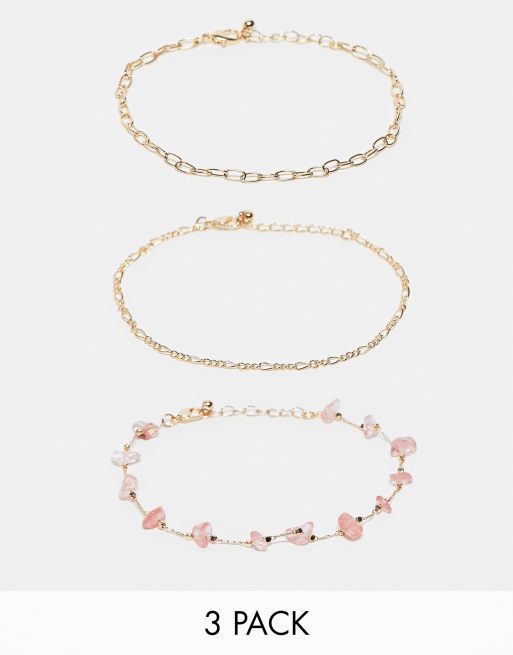 ASOS DESIGN – Zestaw 3 bransoletek na kostkę z kamieniami półszlachetnymi, w kolorze złota