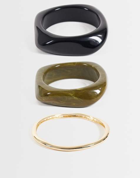 ASOS DESIGN zestaw 3 bransoletek typu bangle w kolorze czarnym, khaki, z tworzywa i w kolorze złotym - view 1