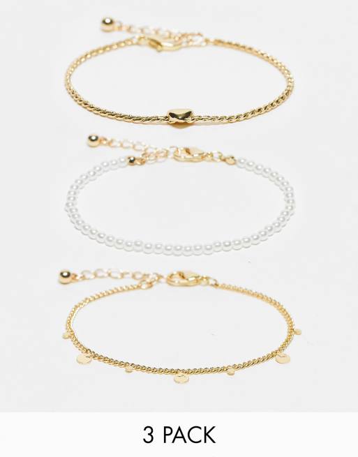 ASOS DESIGN – Zestaw 3 bransoletek z perełkami, pękatym sercem i łańcuszkiem w złotym kolorze