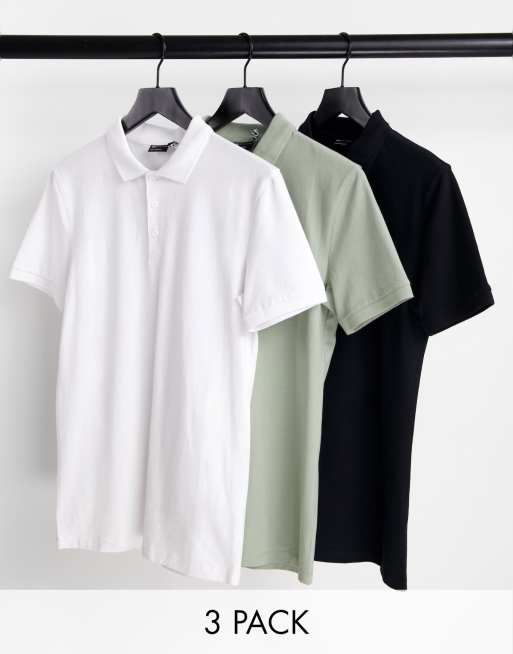 ASOS DESIGN – Zestaw 3 koszulek polo o kroju podkreślającym sylwetkę w kolorze białym, khaki i czarnym