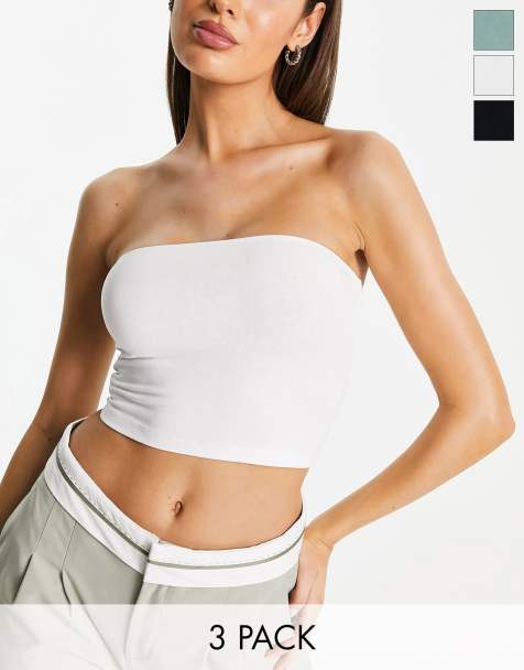 ASOS DESIGN – Zestaw 3 krótkich topów z dekoltem bandeau w kolorach czarnym, białym i khaki - view 1