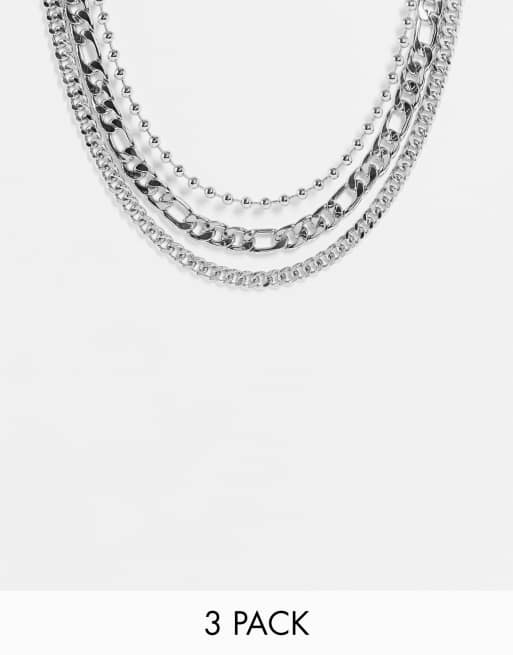 ASOS DESIGN – Zestaw 3 naszyjników w srebrnym kolorze z różnymi wzorami