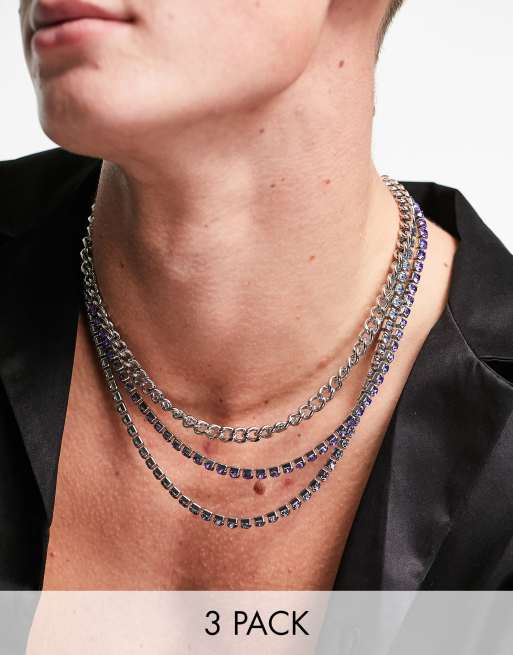 ASOS DESIGN – Zestaw 3 naszyjników z kolorowymi kryształkami i łańcuszkiem w kolorze srebrnym 