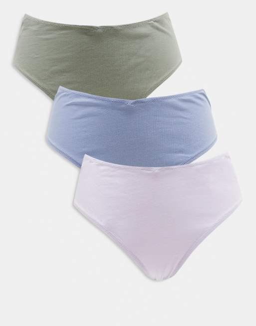 ASOS DESIGN – Zestaw 3 par bawełnianych fig brazylijskich z wysokim stanem w kolorach szaroniebieskim, khaki i liliowym
