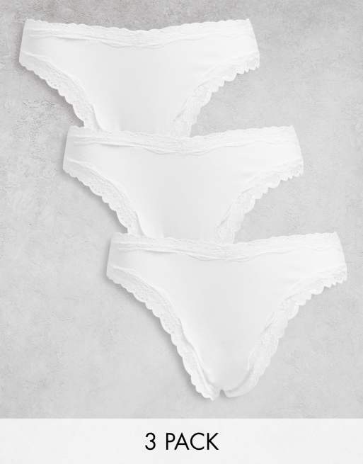 ASOS DESIGN – Zestaw 3 par bawełnianych stringów Malibu z podwyższonym stanem i koronkowym wykończeniem
