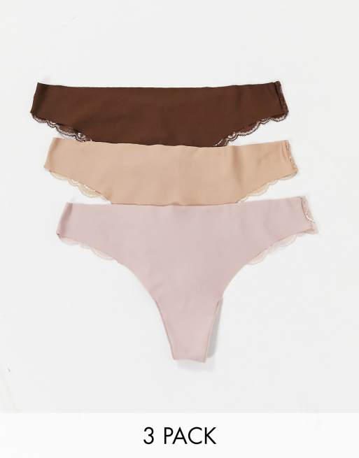 ASOS DESIGN – Zestaw 3 par bezszwowych koronkowych fig brazylijskich w kolorze beżowym, pudroworóżowym i brązowym