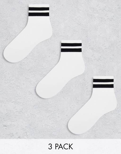 ASOS DESIGN – Zestaw 3 par białych skarpetek do kostki z materiału frotté z paskami