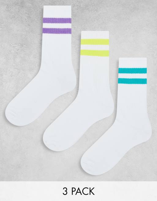 ASOS DESIGN – Zestaw 3 par białych skarpetek sportowych z kolorowymi paskami
