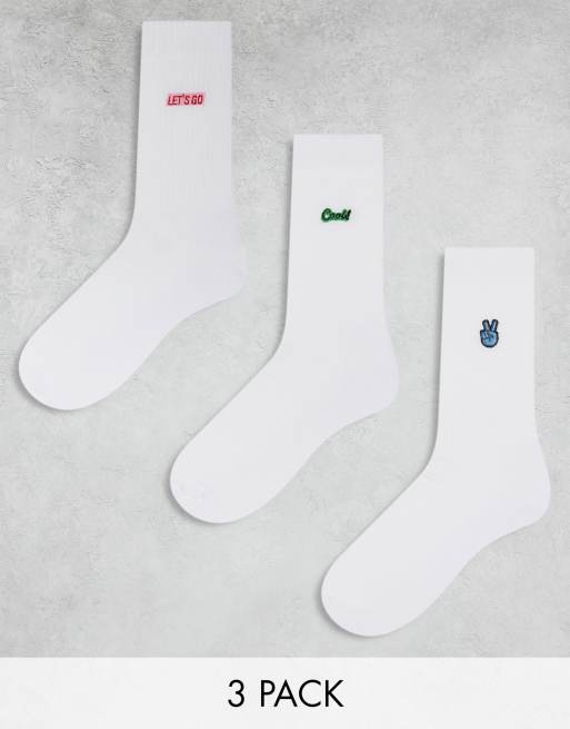 ASOS DESIGN – Zestaw 3 par białych skarpetek z wyhaftowanymi motywami „Let's Go”, „Cool” i symbolem pokoju 
