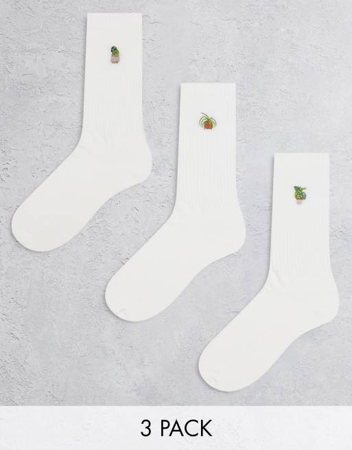 ASOS DESIGN – Zestaw 3 par białych skarpetek z wyhaftowanymi roślinnymi motywami