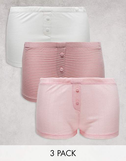 ASOS DESIGN – Zestaw 3 par bokserek w różowe paski, z dzianiny pointelle i białych z kontrastowymi szwami