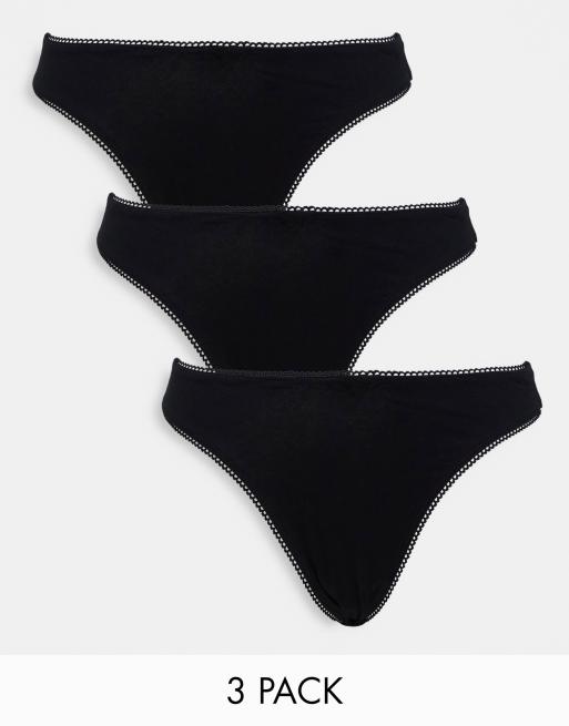 ASOS DESIGN – Zestaw 3 par czarnych bawełnianych wysoko wyciętych thongów z obniżonym przodem