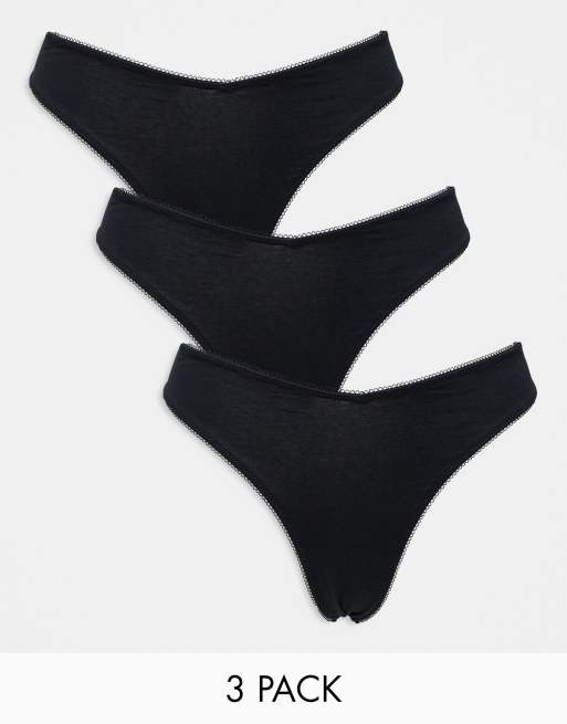ASOS DESIGN – Zestaw 3 par czarnych bawełnianych wysoko wyciętych thongów z obniżonym przodem