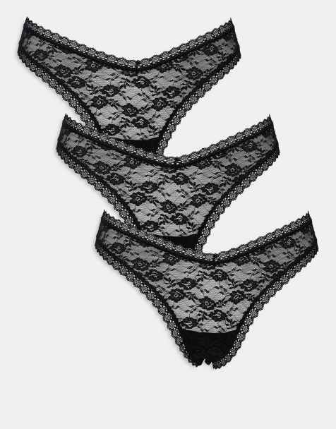 ASOS DESIGN – Zestaw 3 par czarnych koronkowych stringów z obniżonym przodem - view 1