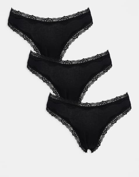ASOS DESIGN 3 pack thong with lace trim in black