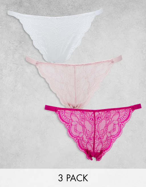 ASOS DESIGN – Zestaw 3 par elastycznych brazylijskich fig koronkowych o kroju tanga w kolorach ciemnoróżowym, jasnoróżowym i białym
