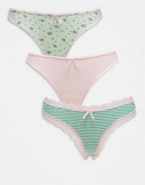 ASOS DESIGN 3 pack brazilian in stripe, pointelle & ditsy print in green & pink