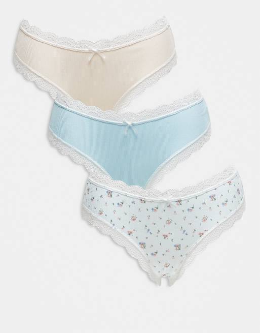 ASOS DESIGN – Zestaw 3 par fig brazylijskich z koronką w kolorach kremowym i niebieskim: w drobny kwiatowy wzór i prążkowane