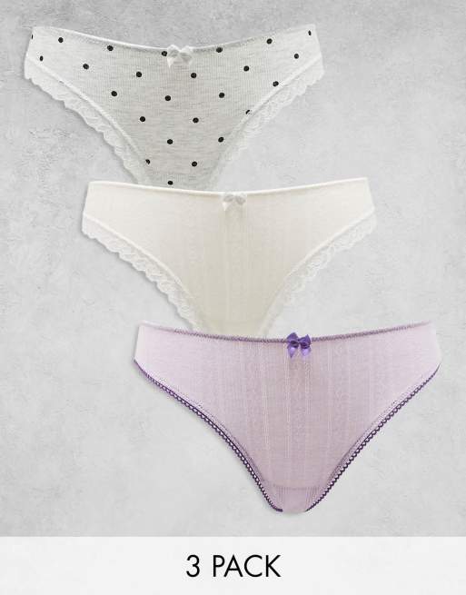 ASOS DESIGN – Zestaw 3 par fig z koronką: białe i liliowe z dzianiny pointelle i szare w groszki