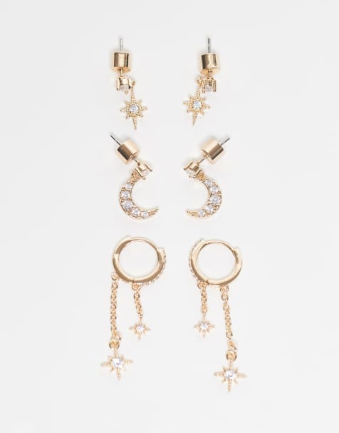 ASOS DESIGN – Zestaw 3 par kolczyków z motywami astrologicznymi w kolorze złota z cyrkoniami w saszetce podarunkowej - view 1