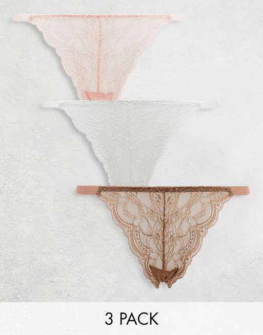 ASOS DESIGN – Zestaw 3 par koronkowych fig brazylijskich typu tanga w różnych kolorach