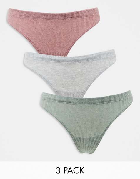 ASOS DESIGN – Zestaw 3 par miękkich prążkowanych stringów w kolorze szaroróżowym, khaki i szarym - view 1