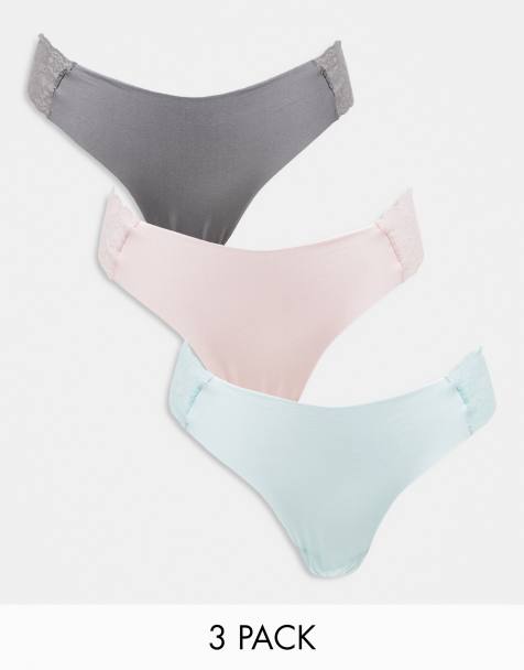 ASOS DESIGN – Zestaw 3 par niewidocznych stringów z koronką z boku w kolorze jasnoróżowym, niebieskim i szarym - view 1