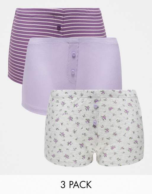 ASOS DESIGN – Zestaw 3 par prążkowanych bokserek w kolorach fioletowym w paski, liliowym i w drobny wzór