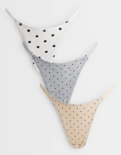 ASOS DESIGN – Zestaw 3 par prążkowanych stringów typu tanga w kolorach kremowym, szarym i kawowym w groszki - view 1