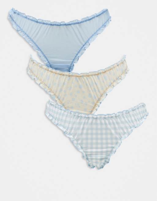 ASOS DESIGN – Zestaw 3 par siateczkowych marszczonych stringów w kolorach niebieskim i żółtym, w drobny wzór i w kratkę vichy