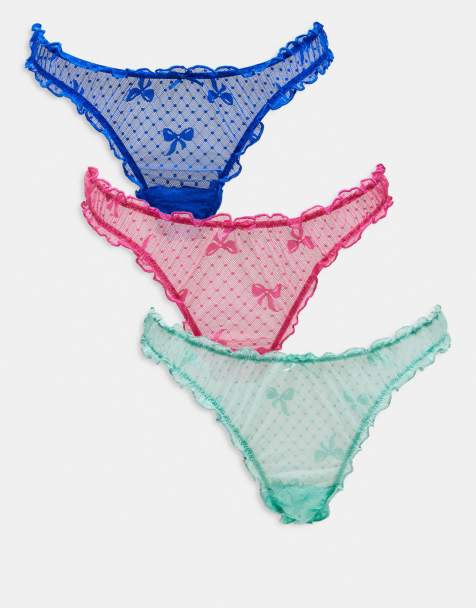 ASOS DESIGN 3 pack bow mesh scrunch thongs in pink, green & blue